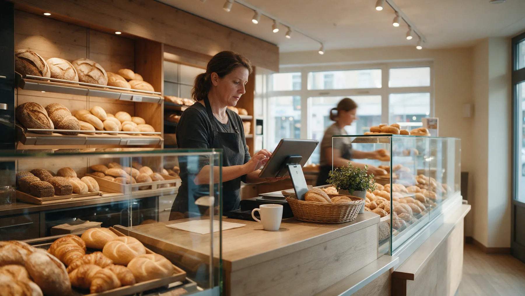 Verkäuferin hinter der Theke einer Bäckerei prüft am Morgen ein Tablet neben der Kasse.